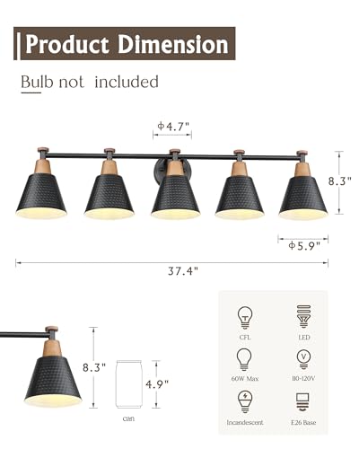 FEMILA 37.4" Black Vanity Light, Black Bathroom Light Fixture, Bathroom Lighting Fixtures Over Mirror with Matte Black Finish, 4FG59B-5W BK - color: Matte Black, size: 37"