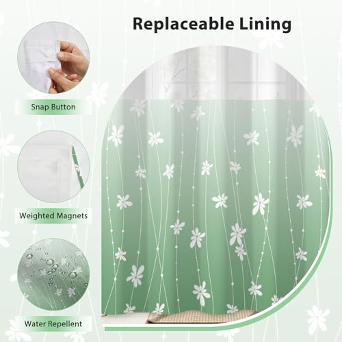 No Hook Shower Curtain with Snap-in Liner, Green Ombre Bathroom Shower Curtains with Liner Set, Waterproof & Washable, Mesh Top Window, 59" W x 79" L - color: 02 Ombre - Green, size: 59"W x 79"L (Pack of 1)
