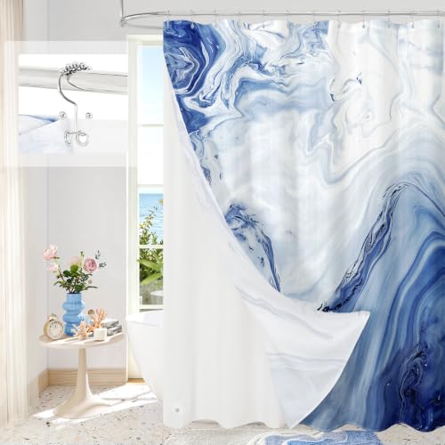 MitoVilla 3 in 1 Long Navy Blue Marble Shower Curtain Set-72 W x 78 H, Modern Ripple Shower Curtain and Waterproof Fabric PEVA Liner Set with 12 Stainless Steel Hooks - color: 3 in 1 - Navy, size: 72"W x 78"L (Pack of 1)