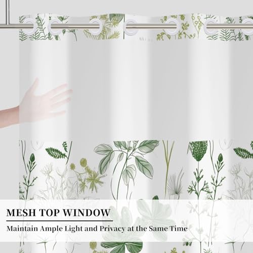 No Hook Plant Shower Curtain with Snap in Liner, 71x74 Inch | Sage Green Leaf Pattern Shower Curtains for Bathroom, Mesh Top Window Waterproof Washable Fabric - color: Green Botanical