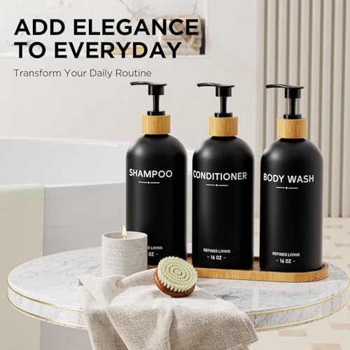 Shampoo and Conditioner Dispenser Set,Shower Soap Dispenser for Bathroom,Refillable Shampoo and Conditioner Bottles with Bamboo Pump and Tray,Soap Dispenser Bathroom for Shower (Black, 3-Pack) - color: Black
