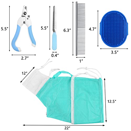 JULMELON 10 PCS Cat Washing Bag for Bath Shower Adjustable Net Grooming Set | Pet Brush Nail Clipper File, Hair Combs Tick Tool, Nail Caps, Bathing Trimming Examination, Grey and Green - color: Grey+Green