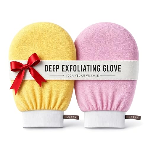 LOTTA Deep Exfoliating Mitt 2pcs - Body Scrub Korean Gloves for Dead Skin Removal & Keratosis Pilaris Treatment - Improve Skin Tone, Body Exfoliator for Shower & Skincare Routine - color: Pink 150D + Yellow 150D 2Pack