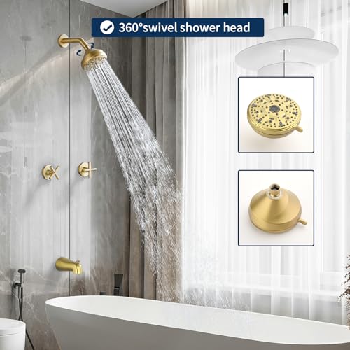 2 Handles Shower Faucet Set with Tub Spout Bathtub Shower Faucet Combo Set Shower System Complete Tub and Shower Trim Kit Brushed Gold Wall Mounted Shower Fixtures - color: Brushed Gold