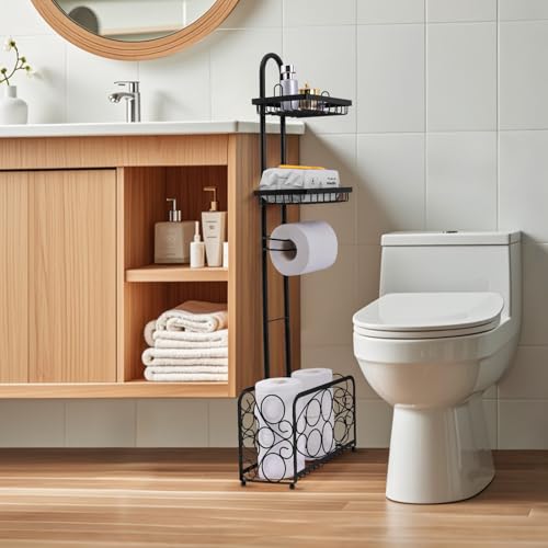 Oasis Creations Toilet Paper Holder Tissue Rack Stand with Magazine Toilet Roll Storage Basket- Freestanding, Black Metal - color: Black