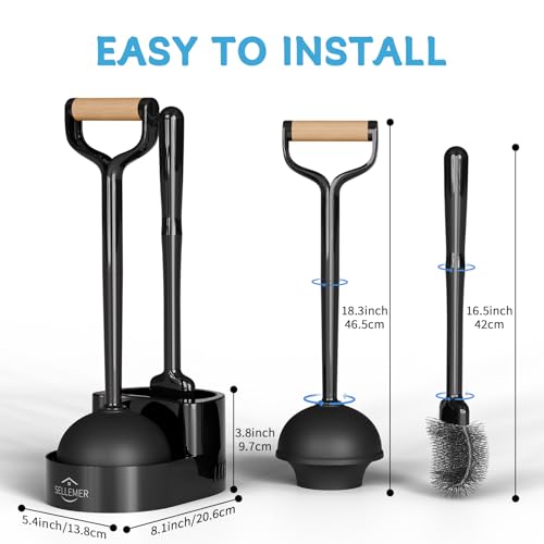 Sellemer Toilet Brush and Plunger Set, Curved Head for Deep Cleaning, Black | Brush and Plunger set, Curved Nylon Bristles for Deep Clean, Strong Suction Plunger, Ventilated Holder for Quickly Air Dry - color: Black