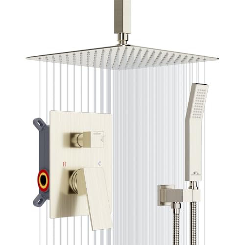 SunCleanse Rainfall Shower System Brushed Nickel Ceiling Mounted Shower System Combo Set with High Pressure 12 Inches Square Rain Shower Head Handheld and Shower Faucet Rough-in Mixer Valve and Trim - color: Brushed Nickel, style: 12-ceiling