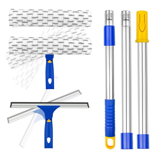 Window Washing Kit with Extension Pole, 10" Squeegee & 11" Microfiber Scrubber Combi with Stainless Steel Pole, Window Cleaner for Car, Sliding Door,Shower Glass Door-Swivel Style-2 Pads - color: Blue, size: 10" Squeegee