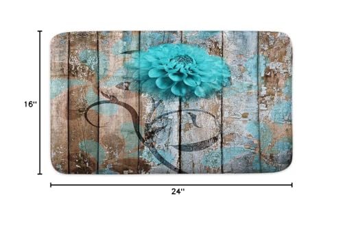 Farmhouse Floral Flower Bath Mat, Teal Dahlia Rustic Wooden Plank Country Barn Wood Turquoise Blue Non-Slip Flannel Soft Doormat Floor Entryways Outdoor Indoor Front Door Mat, (16X24) - color: Green, size: 1'4" x 2' (Rectangular)