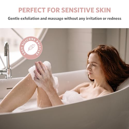 Sndyi Silicone Body Scrubber, Gentle Exfoliating Body Scrubber for Sensitive Skin, Leaf Shaped Shower Scrubber for Body with Lathering Bristles, Silicone Loofah Body Brush for Showering, Pink - color: Pink