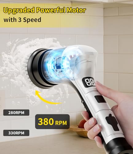 Electric Spin Scrubber, Cordless Household Cleaning Brush with 6 Replaceable Heads, 3 Speeds, LED Display, Lightweight Handheld Power Scrubber for Cleaning Stove/Bowl/Sink/Corner/Tile/Grout-Black - color: Black
