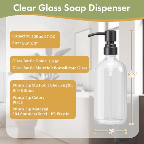 AmazerBath Soap Dispenser, 2 Pack Glass Soap Dispenser with Stainless Steel Pump, 17 Oz Bathroom Hand Soap Dispensers Bottle for Bathroom & Kitchen, Clear & Black - color: Black