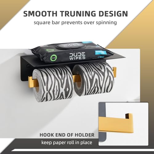 Angle Simple Double Toilet Paper Holder with Shelf, 304 Stainless Steel Bathroom Toilet Tissue Roll Holder for Wall Black and Gold - color: Black & Gold, size: Double Rod