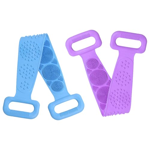Silicone Back Scrubber for Shower, Dual-Sided Back Exfoliator Washer Scrub Strap -, Exfoliate and Massage, Hygienic, Durable and Easy to Clean, Blue and Purple 2 Pack