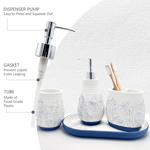 Beach Theme Bathroom Accessory Sets 4PCS Bathroom Accessories Set Complete Embossed Seashell Starfish Design Includes Lotion Dispenser Toothbrush Holder Tumbler Cup & Vanity Tray - color: White With Blue, size: Tray