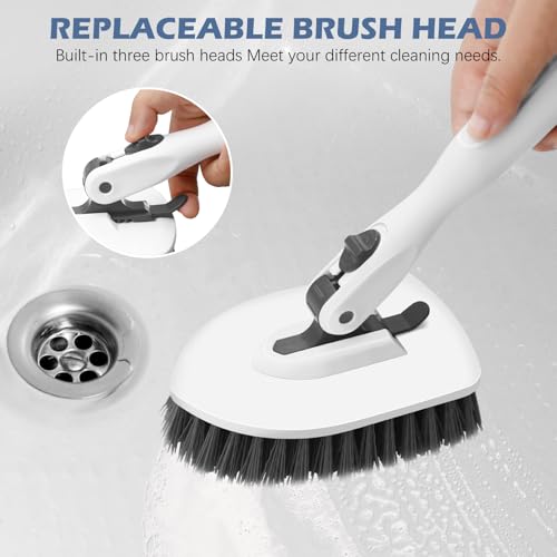 SetSail 4-in-1 Tile Tub Floor Scrubber with 52-inch Long Adjustable Handle Shower Cleaner Brush with V-Shaped Grout Brush and 3 Replacement Brush Heads for Bathroom Kitchen Walls Tub Tile, White Grey - color: White Grey, size: 2 Pads + V-Shaped Brush