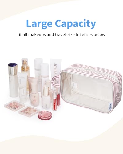Narwey Clear Toiletry Bags for Traveling Women Men, Clear Travel Bags for Toiletries Makeup Bag Cosmetic Bag with Zipper, Make Up Organizer, Skincare Bag (Dusty Pink Stripe) - color: YB-Dusty Pink Stripe