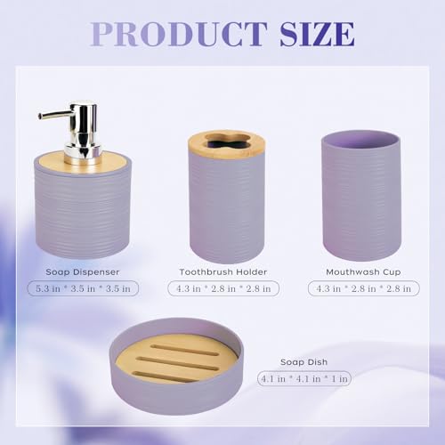 4 PCS Lavender Bathroom Accessories Set, Includes a Soap Dispenser, Toothbrush Holder, Soap Dish and Mouthwash Cup, Plastics & Bamboo Bathroom Set, Bohemian Style Bathroom Sink Set - color: Lavender Purple, size: 4 PCS