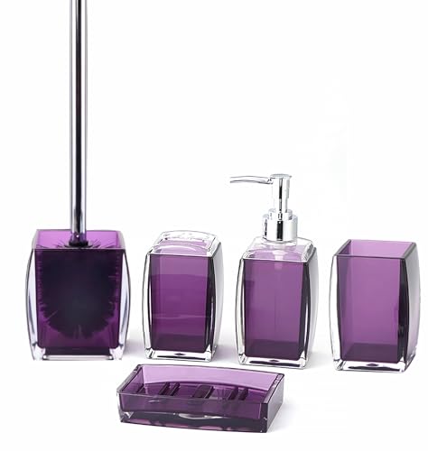 5 Pcs Purple Acrylic Bathroom Accessories Set Complete,Lotion/Soap Dispenser,Soap Dish,Toothbrush Holder, Tumbler,Toilet Brush and Holder,Modern Bathroom Decor and Housewarming Gift Set,Purple - color: Purple