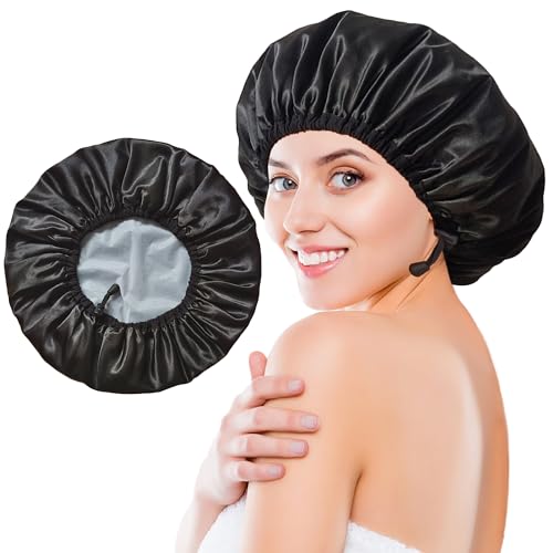Shower Cap for Women, Large Shower Caps Reusable Waterproof with Elastic Band, Silky Satin Double-layer Bath Cap for Braids Long Hair - color: Set E