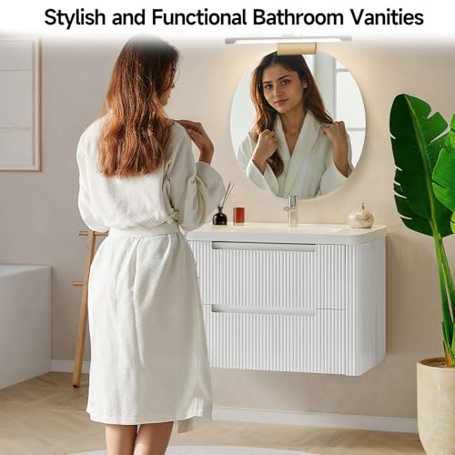 ONBRILL Modern Bathroom Vanity with Sink Combo, Curved Floating Bath Vanity with 2 Drawers, Wall Mount Bathroom Vanities with Integrated Ceramic Sink for Small Space, Apartment (White, 32“) - color: White, size: 32“