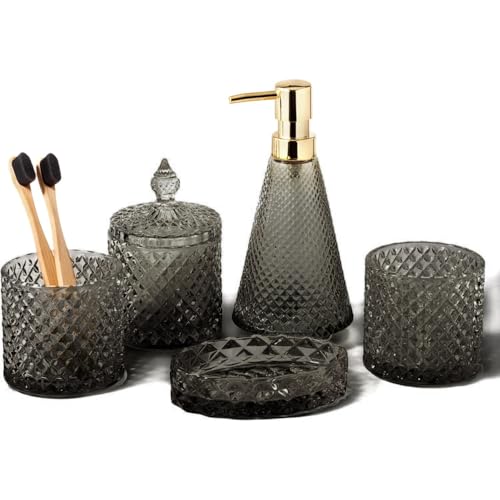 EMPO 5Pcs Diamond Glass Bathroom Accessories Complete Set, Triangle Vintage Lotion Dispenser, Soap Dish, Toothbrush Holder, Tumbler, Cotton Swab Jars, Modern Decor, Housewarming Gift (Neutral Gray) - style: Diamond Neutral Gray Set