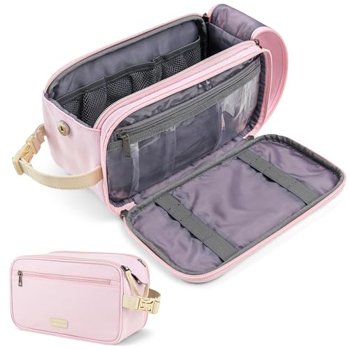 PAVILIA Toiletry Bag for Women, Canvas Dopp Kit, Travel Essentials Organizer, Water-Resistant Shaving, Grooming Kit, Large Hanging Bathroom Accessories Cosmetic Bag, Pink - color: Pink, size: Large (10.5x 5.5x 6)