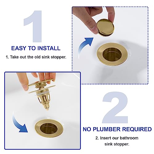 Universal Bathroom Sink Stopper - Pop Up Sink Drain Stopper, Push Button Flixfilter Sink Drain Stopper Replacement, Wash Basin Drain Filter Plug Anti-Clogging Basket, Brushed Gold - color: Gold Brushed, style: Large Cover