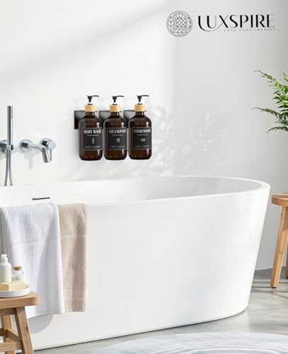Luxspire Shampoo and Conditioner Dispenser, Shower Soap Dispenser Wall Mounted 3 Sets Plastic Bottles Bamboo Pump, 17OZ Shampoo and Conditioner Bottles for Bathroom, Shower Wall and Hotel, Amber - color: Amber Brown