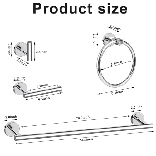 Cilee 10 Piece Chrome Bathroom Accessories Set, 24inch Polished Chrome Towel Bar Ring+Toilet Paper Holder+ Robe Towel Hook SUS304 Stainless Steel Bathroon Hardware Set - color: B Chrome, size: 24inch