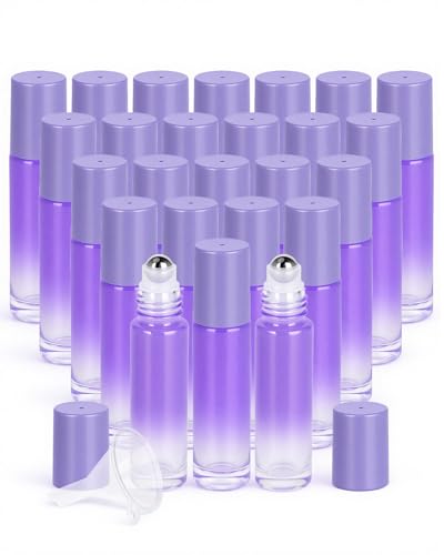 Worldgsb 25 Pack Essential Oil Roller Bottles, 10ml Refillable Glass Roller Bottles with Stainless Steel Roller Balls and Caps for Travel, Perfume and Lip Gloss Purple Gradient - color: Purple-Gradient, style: 25 Pack