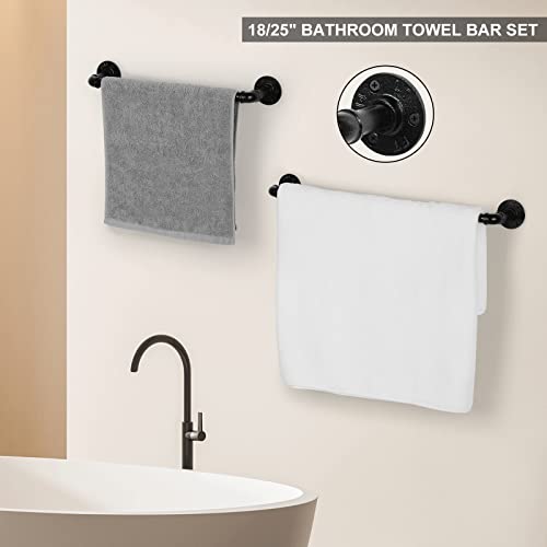 Industrial Bathroom Hardware Set 10 Pieces Bath Towel Bar Set Includes Round Towel Ring Hand Toilet Roll Holders for Wall 18 and 25 inch Towel Rack Robe Towel Hooks Black Bathroom Accessory Towel Kit - size: 10 Pieces