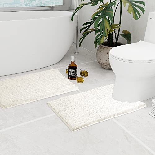 Walensee Bathroom Rug 2 Pieces Set Non Slip Bath Mat (20"x32" Plus 20"x24" U Ivory) Water Absorbent Super Soft Shaggy Chenille Machine Washable Dry Extra Thick Perfect Carpet for Shower Floor - color: Ivory, size: 20"x32" plus 20"x24" U