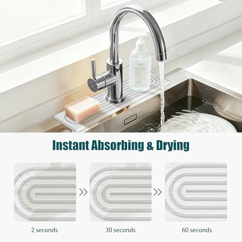 2 PCS Diatomite Stone Faucet Mat for Kitchen Sink, Dark Grey, Quick Drying Water Absorbing Pad, Sink Splash Guard & Protector for Kitchen and Bathroom Counter (White-Short) - color: White-Short