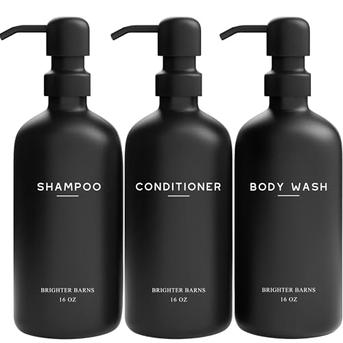 Black Shampoo and Conditioner Dispenser Set by Brighter Barns - Refillable Plastic Shower Soap Dispensers for Bathroom - Body Wash & Shampoo Bottles - Modern Bathroom Decor for Hotel, Airbnb (Black) - color: Black