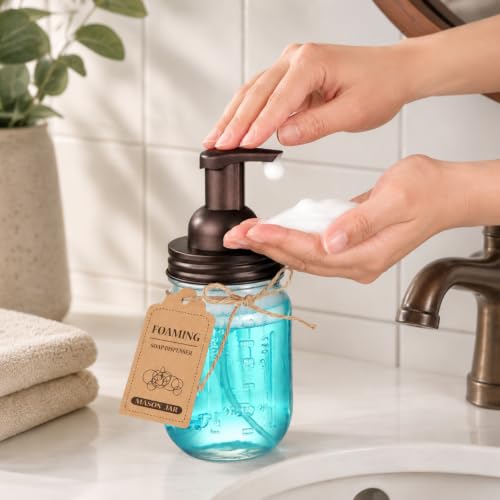 SheeChung Mason Jar Foaming Soap Dispenser-Rustproof Stainless Steel Lid & Foaming Soap Pump, Refill Foam Hand Soap Dispenser Glass for Bathroom Kitchen Vanities, Countertops-Bronze (1 pk) - color: Bronze