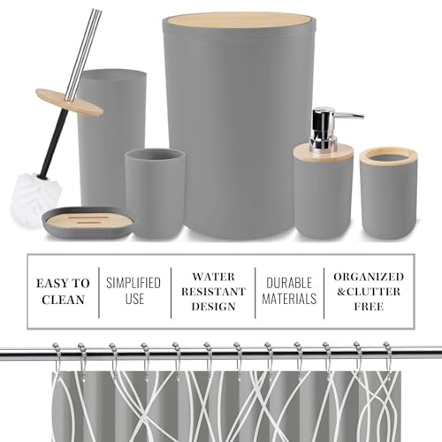 Britimes Bathroom Accessories Set, 19PC Grey Shower Curtain Set with Trash Can, Soap Dispenser, Toilet Brush Holder, Toothbrush Holder and Toothbrush Cup for Bathroom Decor - color: Grey2