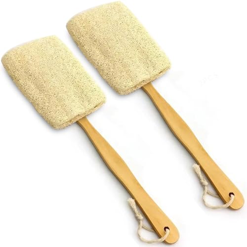 2 Pack Natural Exfoliating Loofah Luffa Loofa Bath Brush On a Stick, Shower Sponge Back Scrubber with Long Wooden Handle for Men & Women, Deep Clean and Invigorate Your Skin Back Brush - style: Loofah Back Brushes