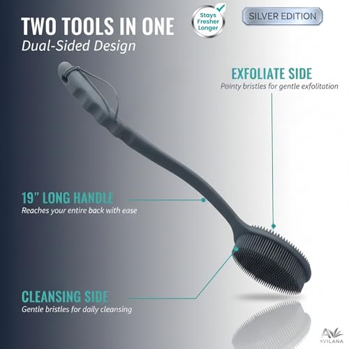 Avilana Silicone Body Scrubber for Shower – SGS Certified Food Grade Dual Sided Bath Brush, Gentle Exfoliating Silicone Loofah Alternative, Sensitive Skin Body Brush (Dark Gray-Silver, Long Handle) - color: Dark Gray-silver, size: 19 inches