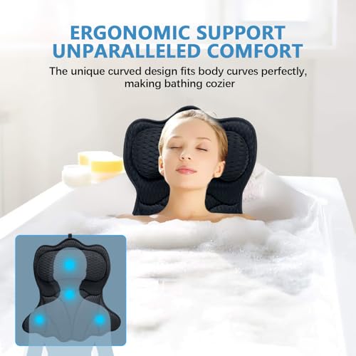 REEZEIVI Bath Pillows for Tub,Bath Pillow with 6 Non-Slip Suction Cups,Soft 4D Mesh Fabric,Bathtub Pillows for Tub Neck and Back Support,Extra Thick Luxury Bathtub Pillows,Black - color: Black