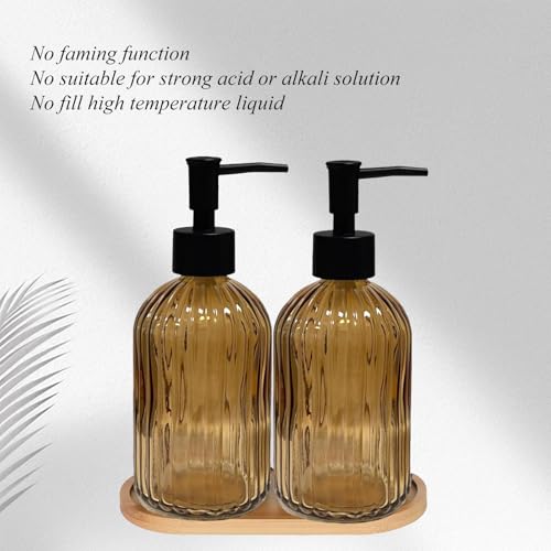 Glass Hand and Dish Soap Dispenser Set of 2 with Plastic Pumps, Bamboo Tray, 13.5oz Brown Bathroom Soap Dispenser with Vertical Stripe for Hand Wash & Dish Wash, Ideal for Bathroom Kitchen Countertop - color: Brown