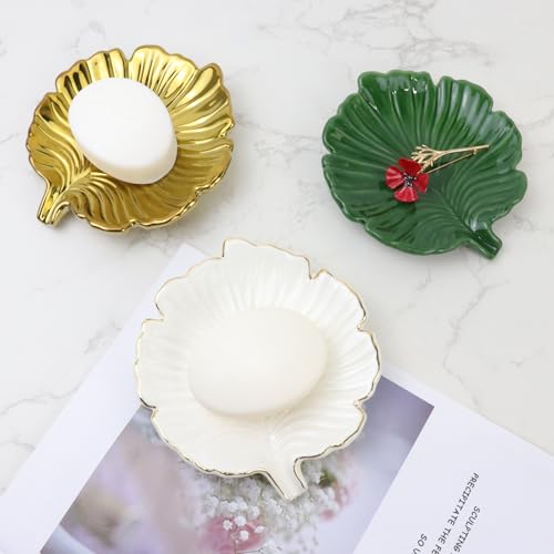 White Leaf Bathroom Soap Dish,Ceramic Soap Dish Holder in Palm Leaf Style,Self Draining Design and Used to Hold Various Small Bathroom and Kitchen Accessories - color: White