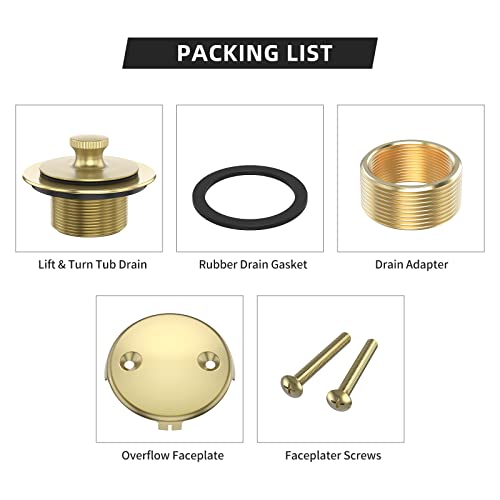 Brushed Gold Bathtub Drain Bath Tub Trim Set Conversion Kit Assembly, All Brass Lift and Turn Twist Tub Drains Replacement Trim Kit with Two-Hole Overflow Faceplate - color: Brushed Gold