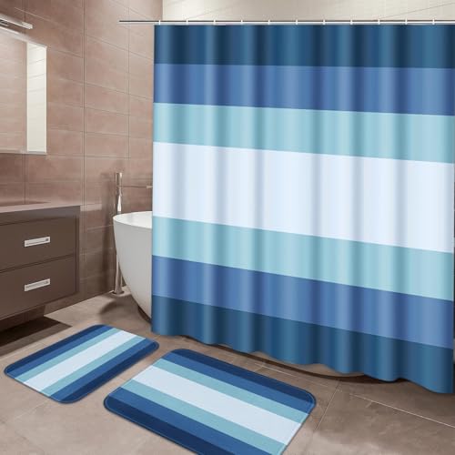 ArtSocket Navy Blue Ombre Bathroom Set with Shower Curtain and Bath Rugs and Accessories,Modern Striped Lines Non-Slip Shower Curtain Set,Bathroom Decor 3 Pcs - color: Blue Striped Ombre