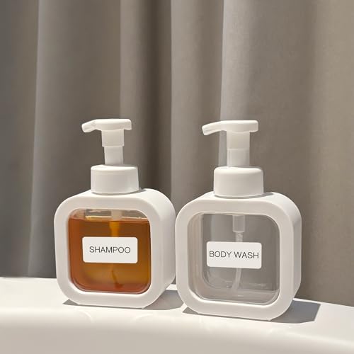 Foaming Soap Dispenser, 2 Pack 300ml (10oz) Plastic Refillable Foaming Hand Soap Dispenser with 16 Pcs Waterproof Labels, Foam Pump Bottle for Bathroom and Kitchen (White) - color: White