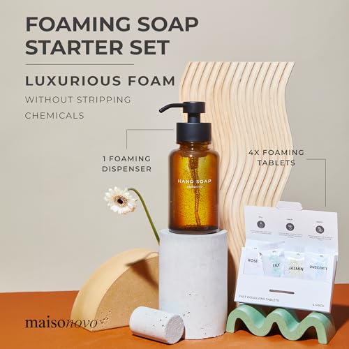 MaisoNovo 14 oz Amber Glass Foaming Soap Dispenser with Black Pump + Mixed 4 Pack Foaming Hand Soap Refill Tablets - color: Amber Bottles/Black Pumps/Tablets