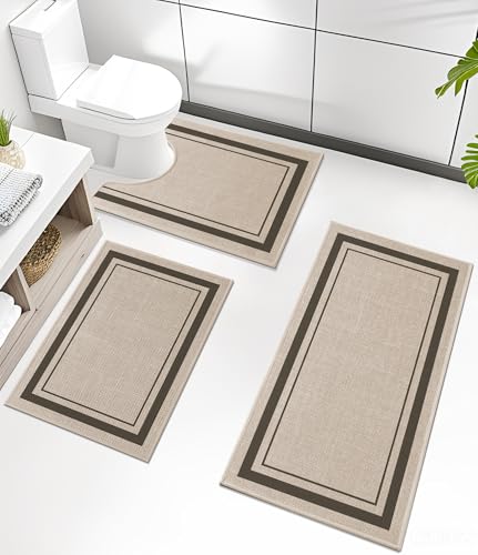 chakme Bathroom Rug Sets 3 Piece, Ultra Thin Bath Mat Absorbent, Non Slip, Machine Washable, Light Beige, 17" x 24" / 17" x 30" / 17" x 59 - color: Light Beige, size: 3-Piece (17" x 24" / 17" x 30" / 17" x 59")