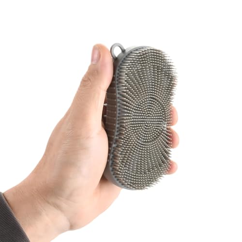 Silicone Body Scrubber, Double Sided Exfoliating Brush with Soft Flexible Bristles, Scalp Massage and Shampoo Tool with Hanger Loop(Grey) - color: Grey