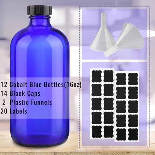 PINIWON 12 Pack 16 oz Cobalt Blue Glass Bottles, Boston Round Sample Bottles with Black Poly Cone Caps, Labels and Funnels - color: Cobalt Blue