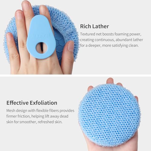 Silicone Body Scrubber with Scrub Net Set, BEAUTAIL 4 Pack for Rich Lather, Deep Cleansing, and Exfoliation – Durable, Easy to Clean, Gentle or Firmer Options – 2 Brushes (BK+BL), 2 Scrub Nets (GY+BL) - color: Black+blue